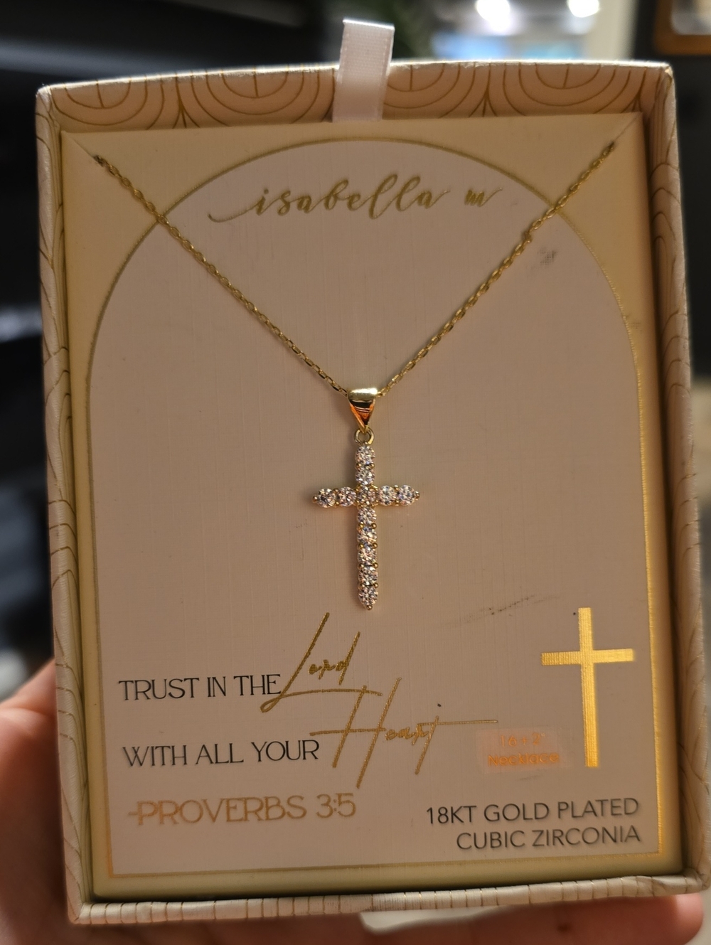 NWT Isabella M 18KT Gold Plated Cubic Zirconia Cross Necklace Proverbs 3:5